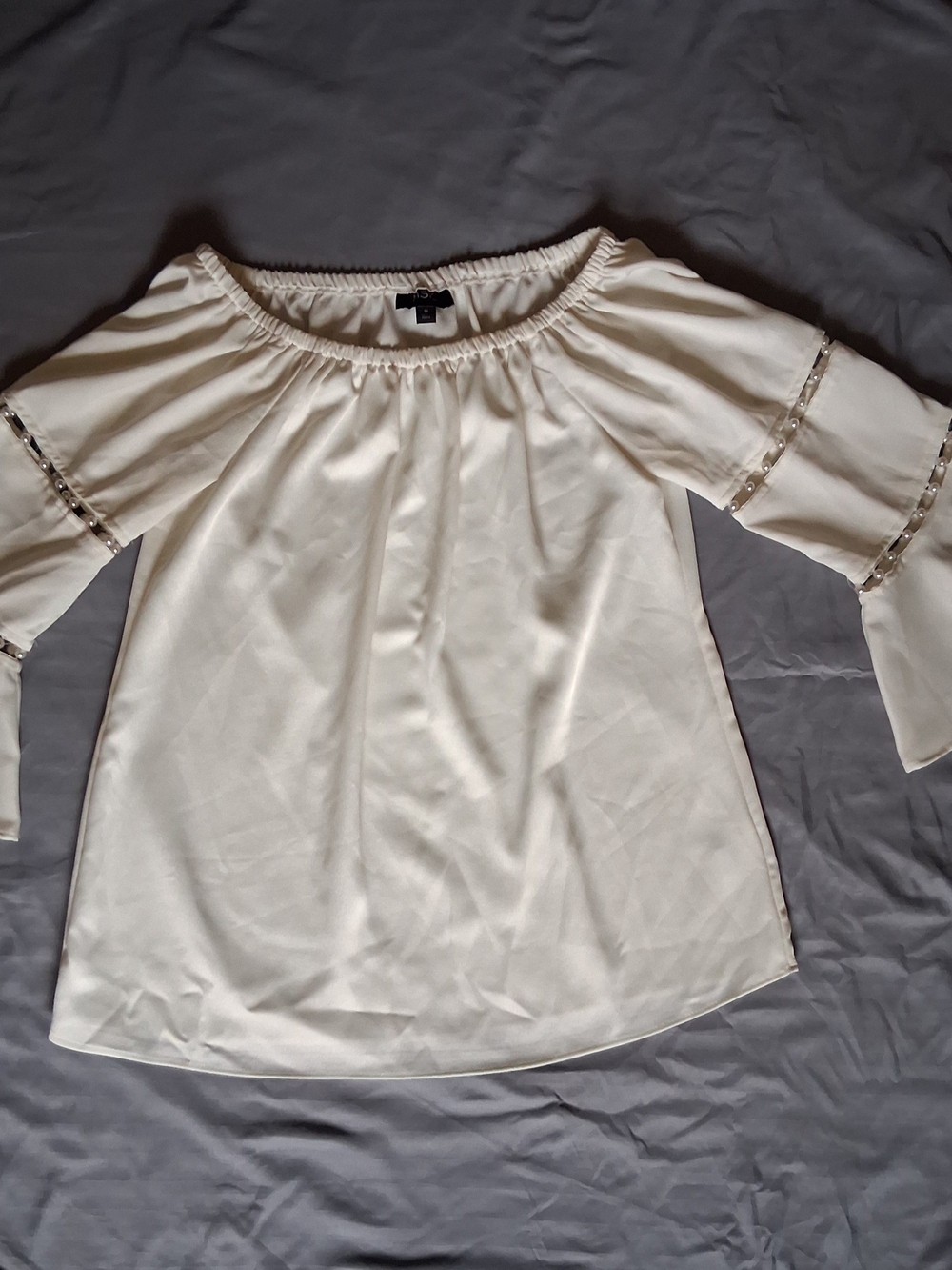 MSK Boho  Cream Off-Shoulder Bell Sleeve Blouse with Beaded Trim